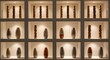 © Agoenk - Arrangement of wooden sculptures and modern vases displayed in illuminated shelving units