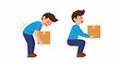 © goesti - Man demonstrating correct vs. incorrect lifting posture, showing safe squatting and unsafe bending causing back pain.