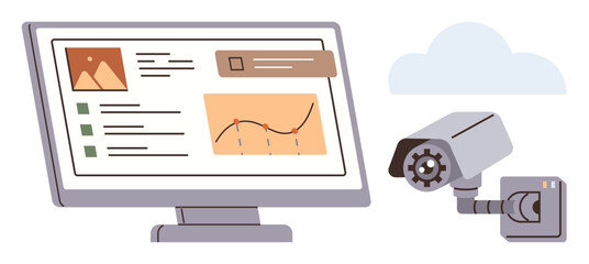 Security camera alongside monitor displaying analytics, graphs, and images. Ideal for surveillance, data analysis, security, technology, monitoring research cyber security. Simple flat metaphor