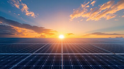 Extensive solar panel array at sunset.