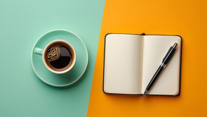 Coffee and open notebook with pen on split color background