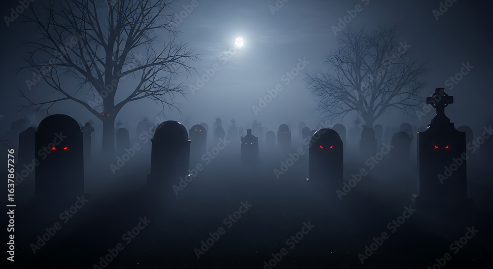 Spooky graveyard scene at night with glowing red eyes and fog under a ...