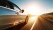© Seamless Patterns - A sleek silver sedan drives on a highway during golden hour sunset, warm lighting, clear sky,