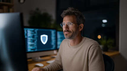 Cybersecurity and data protection concept with an IT professional working on code and a shield icon