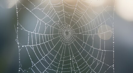 Dewcovered spiderweb with a radial pattern against a blurry background