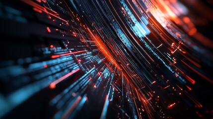 Futuristic abstract data stream with a glowing red and blue network protecting digital data