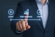 © Generative AI - Businessman Activating a Performance Management System on a Digital Interface Displaying Start, Performance, and Finish