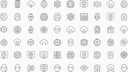 Collection of ai and technology related line icons featuring brains chips clouds and robots in a grid layout silhouette