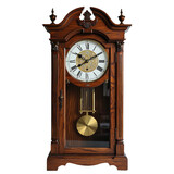 a beautifully detailed antique grandfather clock with a pendulum and roman numeral dial stands prominently against a plain white background.