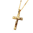 © Elizabeth_Art - a detailed close-up of a golden crucifix pendant hanging from a delicate gold chain against a plain white background.