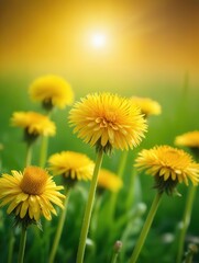 Wall Mural - Bright yellow dandelion flowers in close-up detail against a soft green field background with delicate textures and subtle sunlight filtering through the petals