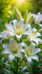 Wall Mural - Delicate white lily blooms unfurl in a lush green garden setting