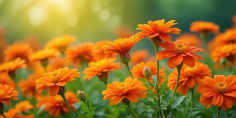 Wall Mural - A cluster of bright orange flowers swaying gently in the breeze amidst a sea of greenery