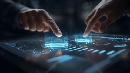 Two hands interact with a futuristic touch screen interface.