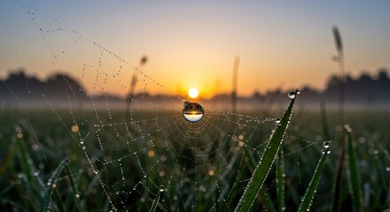Stunning macro shot of dew drops on spider web reflecting sunrise, nature's delicate artistry captured