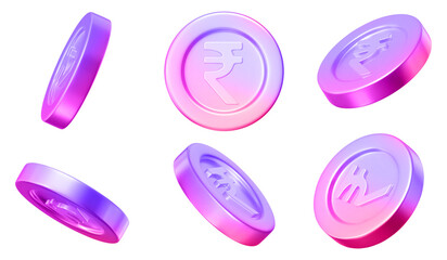 Wall Mural - 3d set neon coins of indian rupees with different angles. y2k style. stock vector illustration on is