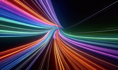 Wall Mural - Abstract background with colorful light streaks and glowing lines on a black backdrop,