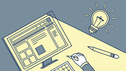 Wall Mural - Web Design Concept with Computer Hand Pencil and Lightbulb.