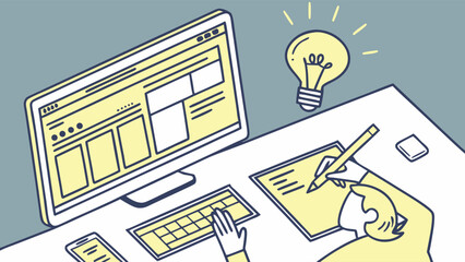Wall Mural - Web Design Process Desktop Computer Sketching Idea Bulb.