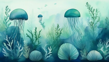Wall Mural - soft watercolor gradient teal to deep blue featuring subtle coral seaweed and jellyfish silhouettes green teal