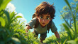 © miss irine - Young boy with backpack crawls through rich green vegetation. Low perspective captures determined face, wide eyes exploring nature. Adventurer on summer journey discovering plants, bushes in sunny