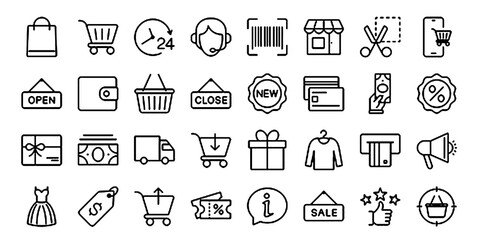 Wall Mural - Shopping line Editable Icons set. Vector illustration for web and mobile app. E-commerce related icons: costumer, store, product, purchase, online shopping, delivery, promotion, and more.