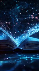 Wall Mural - digital book floating in dark space, surrounded by colorful nebula of stars.