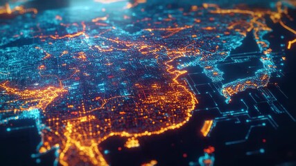 Wall Mural - Glowing world map illuminating various cities at night.