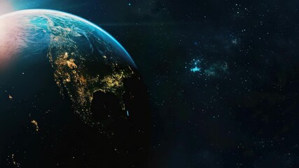 Wall Mural - This  shows Earth from space, with the moon and stars visible against a distant galaxy. It represents our planet as viewed by astronauts or satellites in orbit.