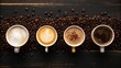 © Imran - Four cups of coffee in a row showing different stages of preparation and coffee beans