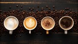 Four cups of coffee in a row showing different stages of preparation and coffee beans