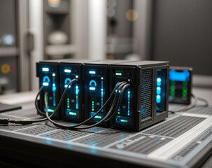 modern server setup with illuminated indicators in data center