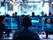 © People - a person working in a high-tech office, sitting in front of multiple computer screens displaying complex data and information