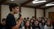 © Bevan - Eloquent young student leader speaking into a microphone, addressing a captivated audience at a youth conference or seminar.
