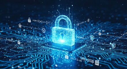 Poster - cybersecurity data protection digital lock on circuit board abstract network security concept