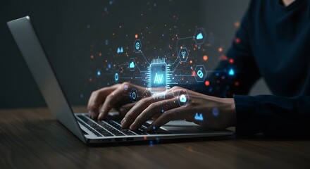 AI Technology and Machine Learning Concept: Person Typing on Laptop with Futuristic Digital Interface