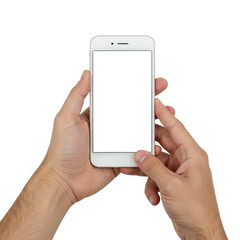 Hands holding white smartphone with blank screen isolated PNG with Transparent Background
