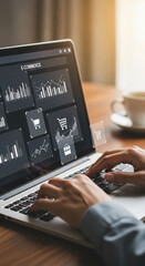 Wall Mural - laptop displaying e-commerce data graphs and shopping cart icons, showcasing online business analyti