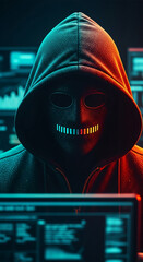 Wall Mural - hooded figure wearing mask, illuminated by teal and orange light, working on computer, suggesting cy