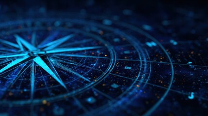 Wall Mural - A detailed compass design glowing in blue against a dark background, representing navigation and exploration.