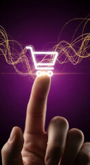 Wall Mural - fingertip touching glowing shopping cart icon, surrounded by digital light trails on purple backgrou