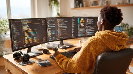 Focused software developer coding at triple-monitor setup in home office, symbolizing programming expertise, technology, and remote work lifestyle