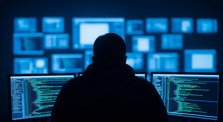 Wall Mural - silhouette of person viewing multiple screens displaying lines of code, symbolizing software develop