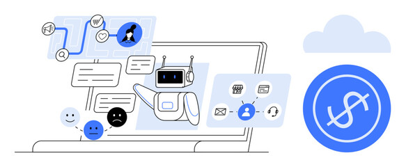 Wall Mural - robot assistant managing conversations through chat bubbles, analyzing emotive icons, and linking to