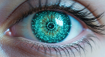 Wall Mural - close-up of human eye with teal network overlay, showcasing digital connection and modern technology