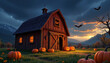 © kiattisak - Spooky barn surrounded by glowing pumpkins creates charming Halloween scene. dark clouds and bats add to eerie atmosphere, making it perfect for autumn festivities
