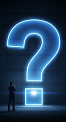 Wall Mural - large glowing blue question mark on dark wall, businessman contemplates it, symbolizing uncertainty,