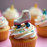 Whimsical cupcake topped with mini roller skate, decorated with colorful sprinkles. Sweet dessert perfect for fun parties celebrations, offering cheerful, delightful confectionery experience.