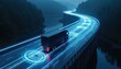 © miss irine - Autonomous truck navigates highway bridge with advanced AI sensors. Self-driving vehicle utilizes smart technology for futuristic freight logistics, enhanced road safety. Digital network supports