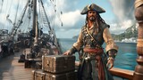 Digital illustration of a pirate standing on a ship's deck with treasure chests.
